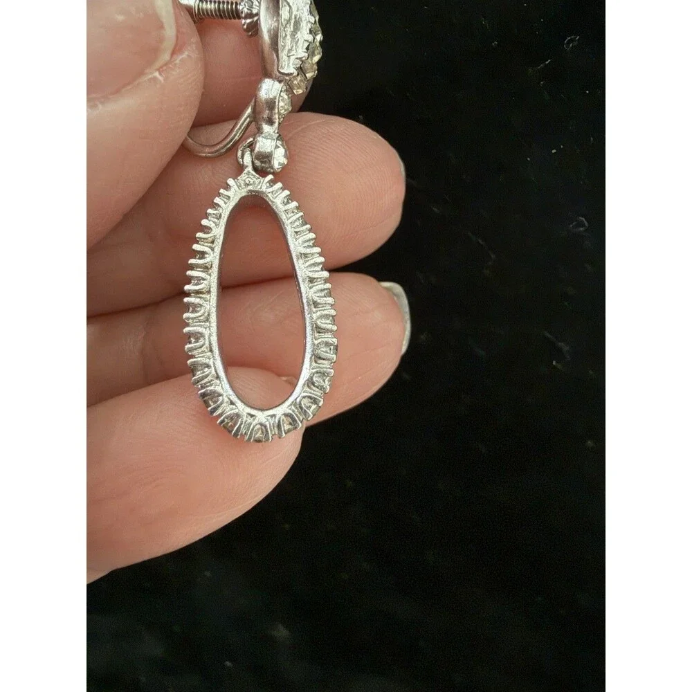 OTIS Sterling Art Deco Rhinestone Suspended Hoop Screw Back Earrings Floral